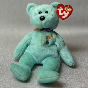 TY Beanie Baby “Ariel” – Teal Bear w/ Embroidered Flowers (Hang Tag Attached!)